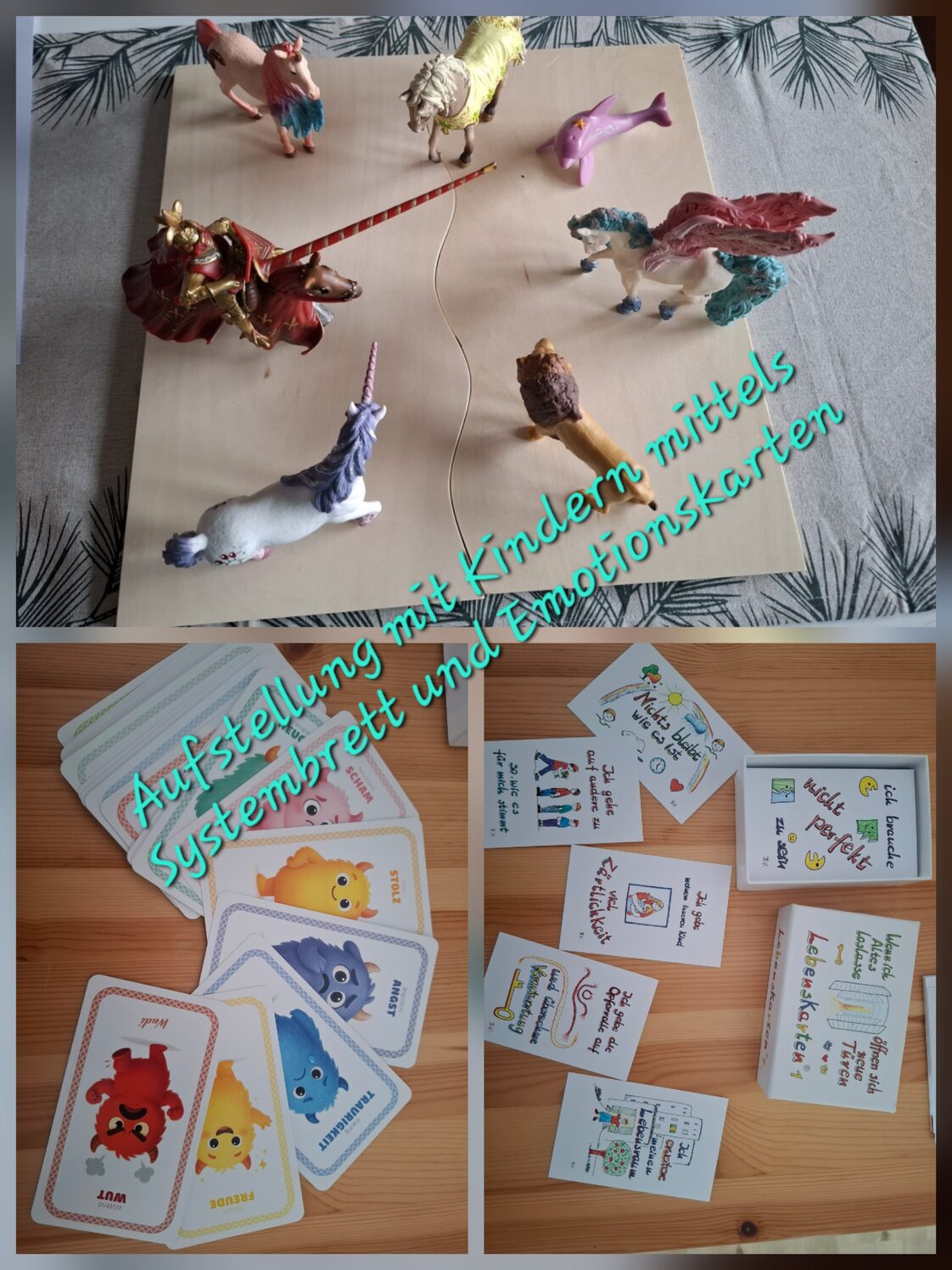 Aufstellung mit Kindern mittels Systembrett und Emotionskarten: Tierfiguren auf dem Brett, darunter Bild- und Gefühlskarten
