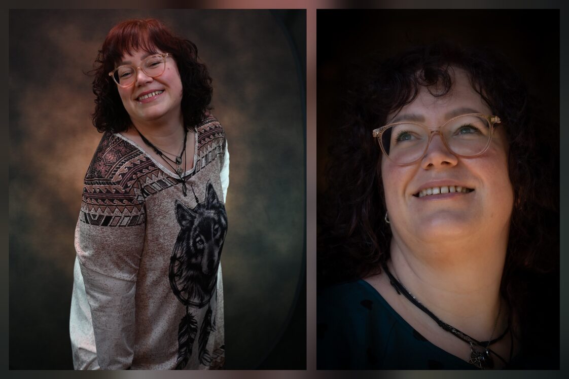 Zwei Porträtfotos von Yvonne Knopf vor dunklem Hintergrund