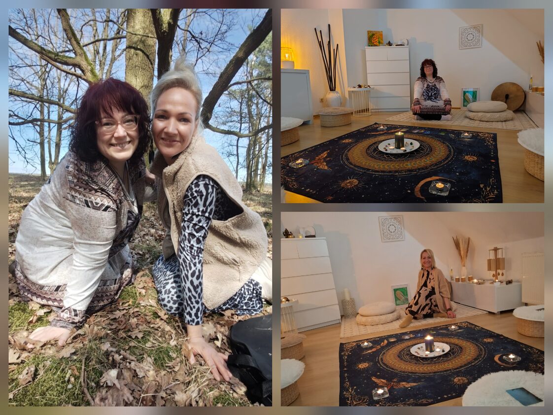 Yvonne Knopf mit einer Frau im Freien sowie Raum für Frauenkreise mit Kissen und Meditationsmitte